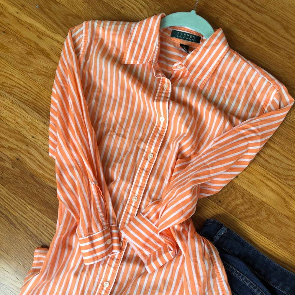 RALPH LAUREN: orange striped blouse 1/4 sleeve | M